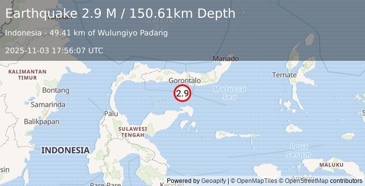 Earthquake Minahassa Peninsula, Sulawesi (2.9 M) (2025-11-03 17:56:07 UTC)