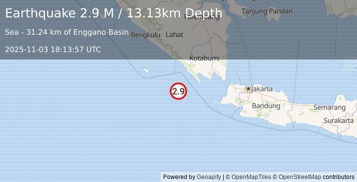 Earthquake Southwest of Sumatra, Indonesia (2.9 M) (2025-11-03 18:13:57 UTC)