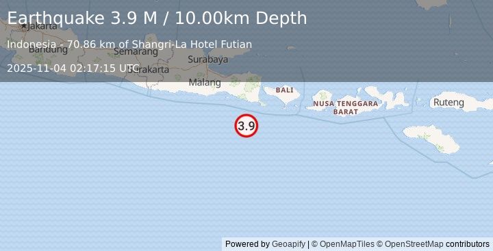 Earthquake South of Java, Indonesia (3.9 M) (2025-11-04 02:17:15 UTC)