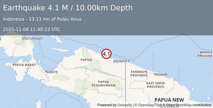 Earthquake Near North Coast of West Papua (4.1 M) (2025-11-04 11:40:23 UTC)