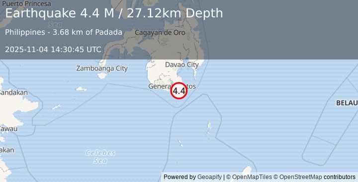 Earthquake Mindanao, Philippines (4.4 M) (2025-11-04 14:30:45 UTC)
