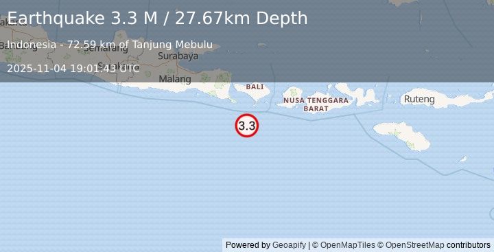 Earthquake South of Bali, Indonesia (3.3 M) (2025-11-04 19:01:43 UTC)
