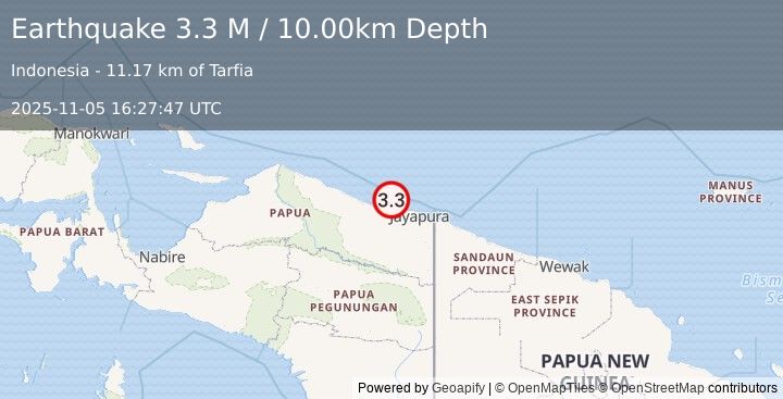 Earthquake Near North Coast of West Papua (3.3 M) (2025-11-05 16:27:47 UTC)
