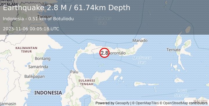 Earthquake Minahassa Peninsula, Sulawesi (2.8 M) (2025-11-06 00:05:18 UTC)