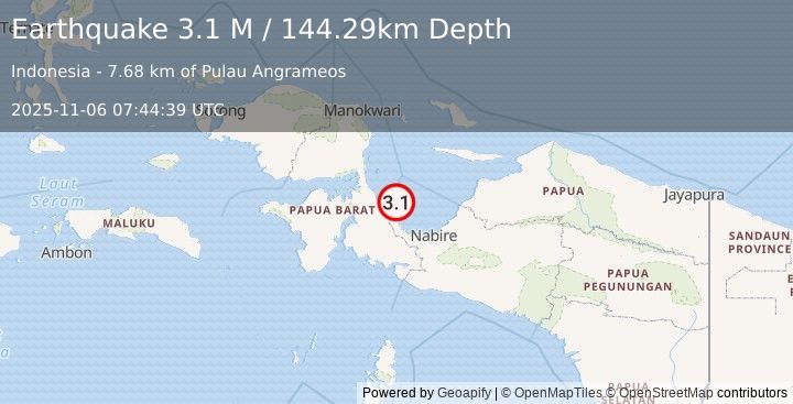 Earthquake West Papua Region, Indonesia (3.1 M) (2025-11-06 07:44:46 UTC)