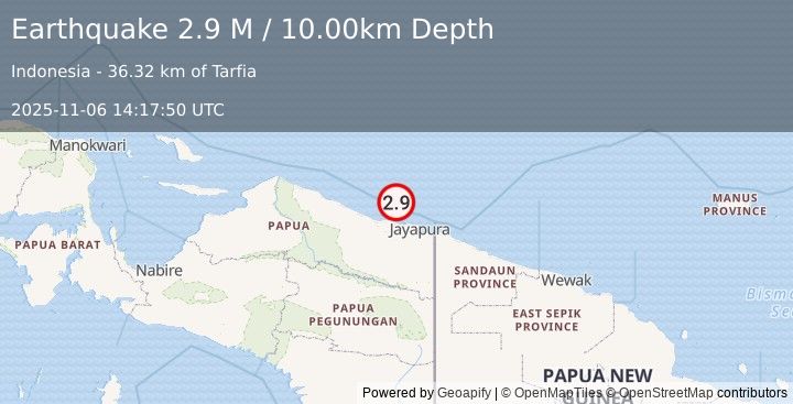 Earthquake Near North Coast of West Papua (2.9 M) (2025-11-06 14:17:50 UTC)