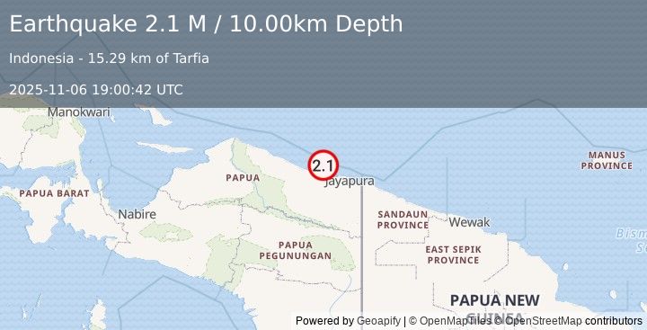 Earthquake Near North Coast of West Papua (2.1 M) (2025-11-06 19:00:42 UTC)