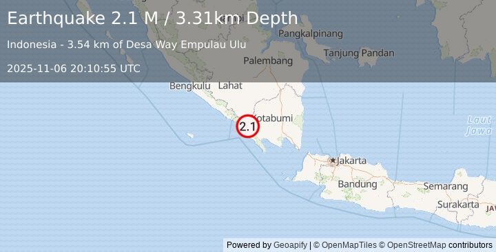 Earthquake Southern Sumatra, Indonesia (2.1 M) (2025-11-06 20:10:55 UTC)