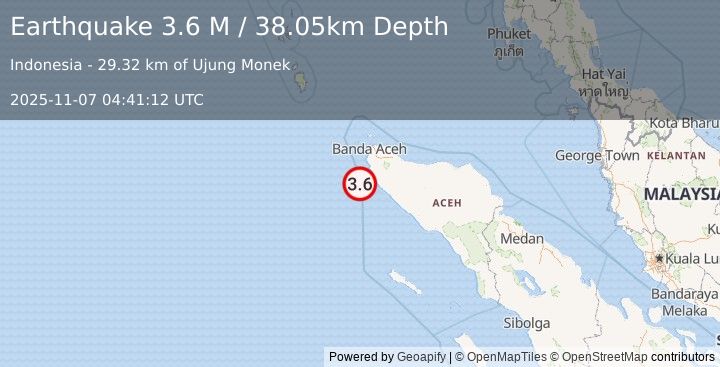Earthquake Off West Coast of Northern Sumatra (3.7 M) (2025-11-07 04:41:10 UTC)