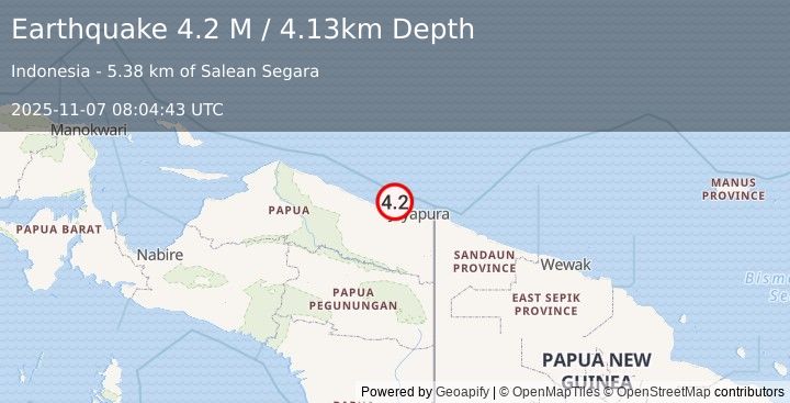 Earthquake Near North Coast of West Papua (4.2 M) (2025-11-07 08:04:43 UTC)