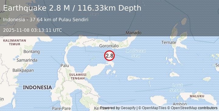 Earthquake Minahassa Peninsula, Sulawesi (2.8 M) (2025-11-08 03:13:11 UTC)
