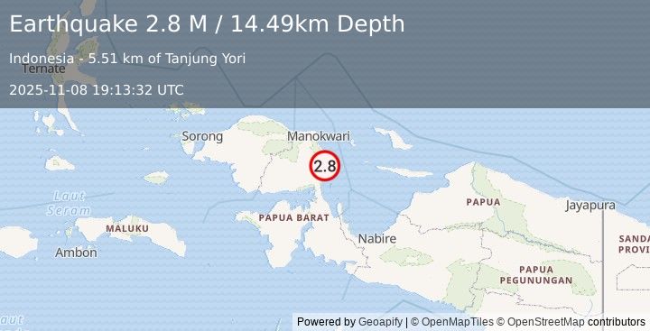 Earthquake West Papua Region, Indonesia (3.1 M) (2025-11-08 19:13:32 UTC)