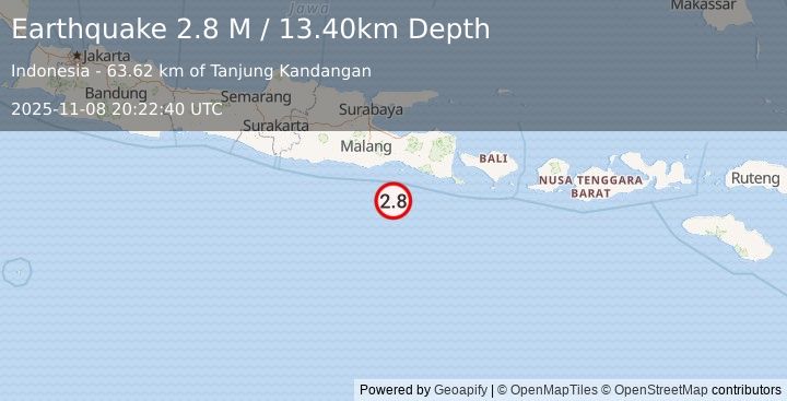 Earthquake South of Java, Indonesia (2.8 M) (2025-11-08 20:22:40 UTC)