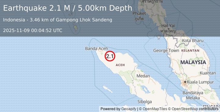 Earthquake Northern Sumatra, Indonesia (2.1 M) (2025-11-09 00:04:52 UTC)