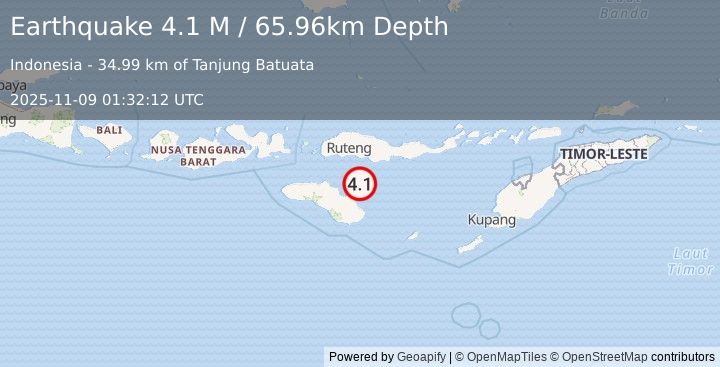 Earthquake Sumba Region, Indonesia (4.1 M) (2025-11-09 01:32:12 UTC)