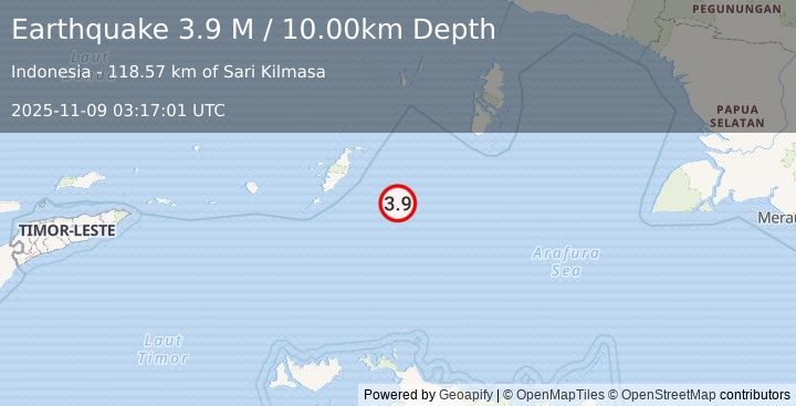 Earthquake Tanimbar Islands Region, Indonesia (3.9 M) (2025-11-09 03:17:01 UTC)