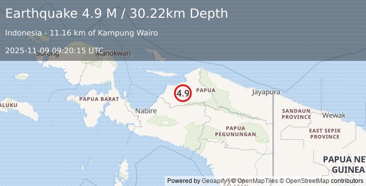 Earthquake West Papua, Indonesia (4.8 M) (2025-11-09 09:20:15 UTC)