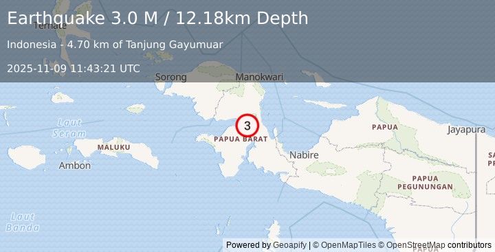 Earthquake West Papua Region, Indonesia (3.1 M) (2025-11-09 11:43:24 UTC)