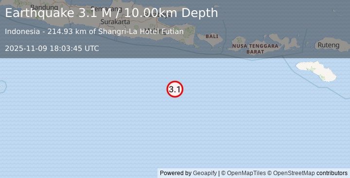 Earthquake South of Java, Indonesia (3.1 M) (2025-11-09 18:03:45 UTC)