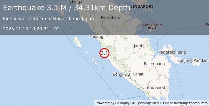 Earthquake Southern Sumatra, Indonesia (3.1 M) (2025-11-10 10:20:32 UTC)