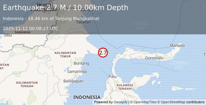 Earthquake Minahassa Peninsula, Sulawesi (2.7 M) (2025-11-12 00:08:27 UTC)