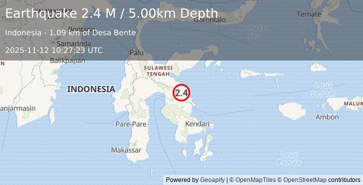 Earthquake Sulawesi, Indonesia (2.1 M) (2025-11-12 10:27:27 UTC)