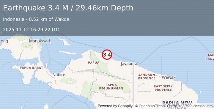 Earthquake Near North Coast of West Papua (3.4 M) (2025-11-12 16:29:22 UTC)