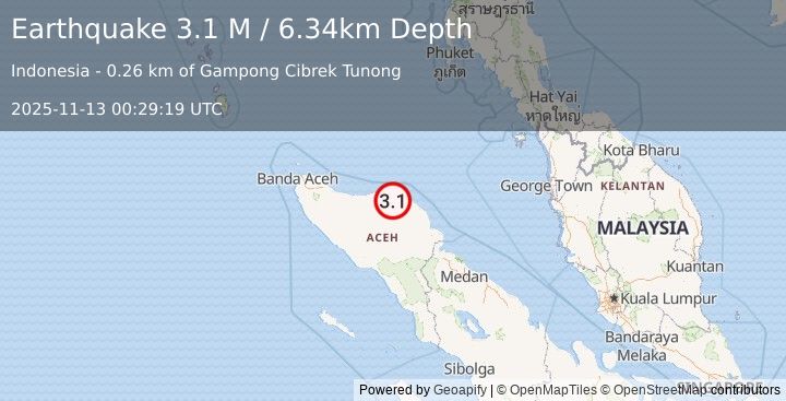 Earthquake Northern Sumatra, Indonesia (3.1 M) (2025-11-13 00:29:18 UTC)