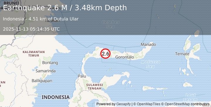 Earthquake Minahassa Peninsula, Sulawesi (2.6 M) (2025-11-13 05:14:35 UTC)
