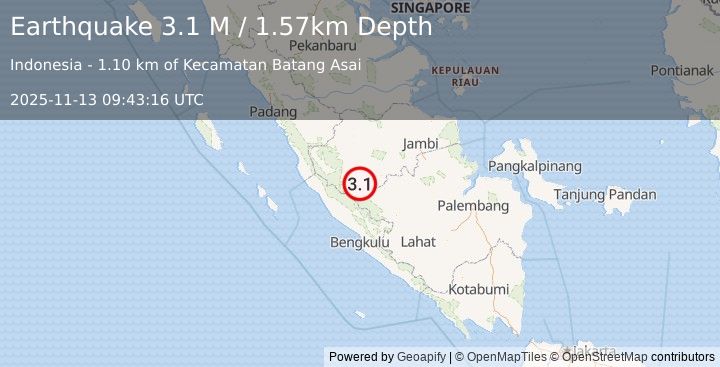 Earthquake Southern Sumatra, Indonesia (3.0 M) (2025-11-13 09:43:17 UTC)