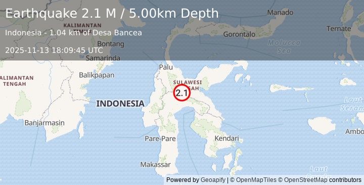 Earthquake Sulawesi, Indonesia (2.1 M) (2025-11-13 18:09:45 UTC)