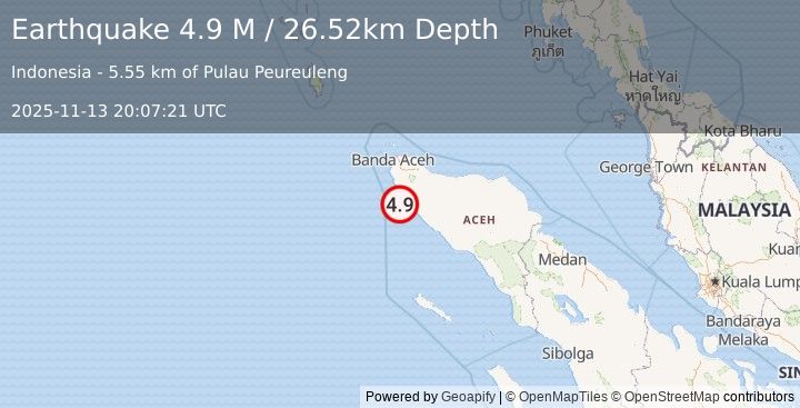 Earthquake Northern Sumatra, Indonesia (4.9 M) (2025-11-13 20:07:21 UTC)