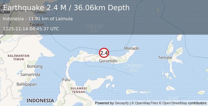 Earthquake Minahassa Peninsula, Sulawesi (2.1 M) (2025-11-14 04:45:38 UTC)