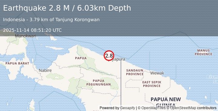 Earthquake Near North Coast of West Papua (2.8 M) (2025-11-14 08:51:20 UTC)
