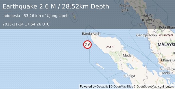 Earthquake Off West Coast of Northern Sumatra (2.6 M) (2025-11-14 17:54:26 UTC)