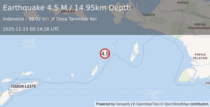 Earthquake Tanimbar Islands Region, Indonesia (4.5 M) (2025-11-15 00:14:28 UTC)