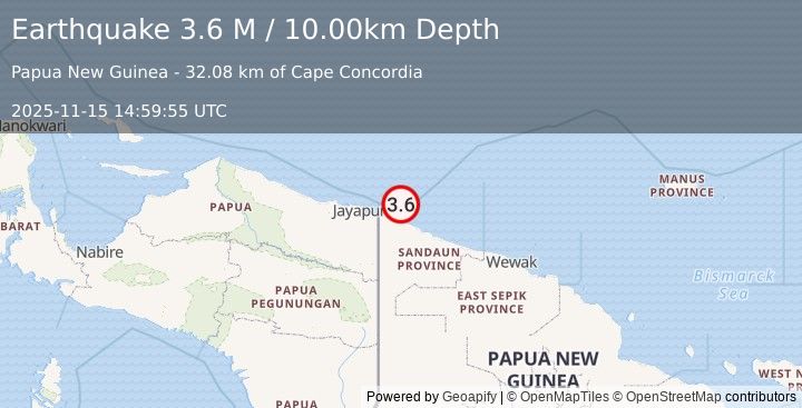 Earthquake Near North Coast of Papua New Guinea (3.6 M) (2025-11-15 14:59:55 UTC)