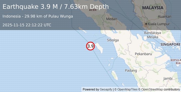 Earthquake Off West Coast of Northern Sumatra (3.1 M) (2025-11-15 22:12:26 UTC)