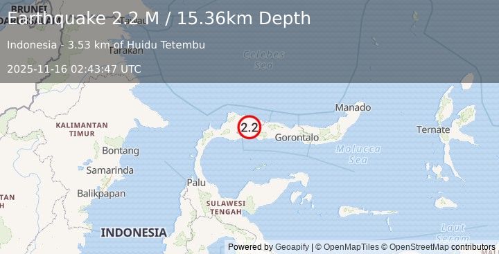 Earthquake Minahassa Peninsula, Sulawesi (2.2 M) (2025-11-16 02:43:47 UTC)