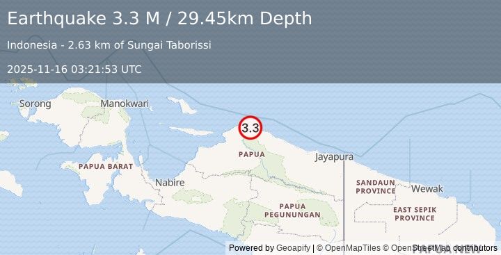 Earthquake Near North Coast of West Papua (3.3 M) (2025-11-16 03:21:53 UTC)