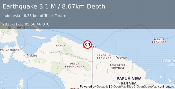 Earthquake Near North Coast of West Papua (3.1 M) (2025-11-16 05:56:46 UTC)