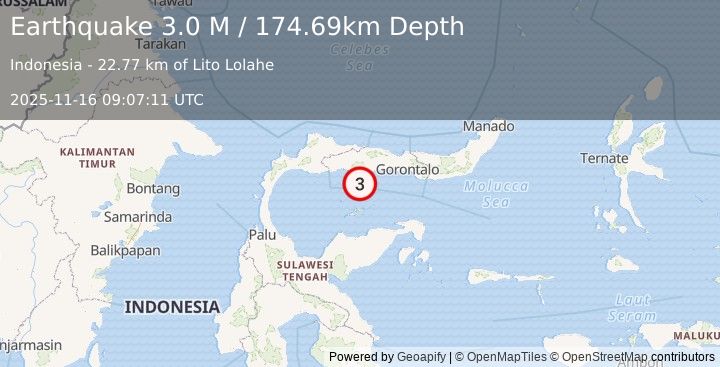 Earthquake Minahassa Peninsula, Sulawesi (3.0 M) (2025-11-16 09:07:11 UTC)