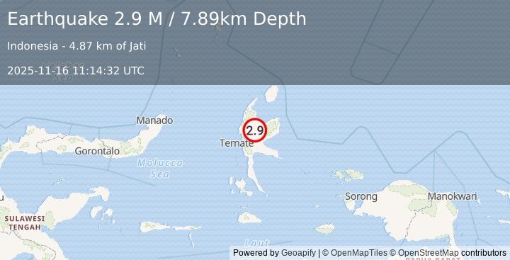 Earthquake Halmahera, Indonesia (2.9 M) (2025-11-16 11:14:32 UTC)