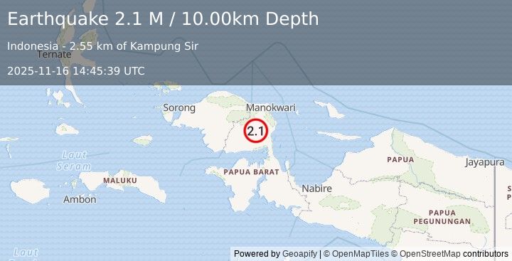Earthquake West Papua Region, Indonesia (2.1 M) (2025-11-16 14:45:39 UTC)