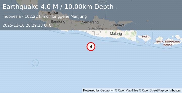 Earthquake South of Java, Indonesia (4.0 M) (2025-11-16 20:29:23 UTC)