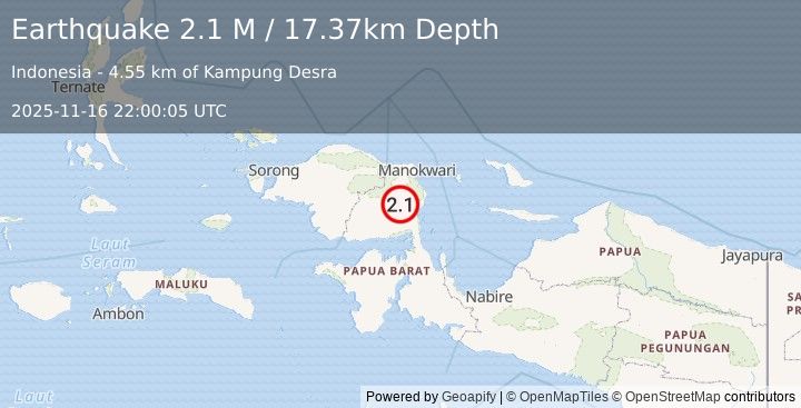 Earthquake West Papua Region, Indonesia (2.3 M) (2025-11-16 22:00:02 UTC)