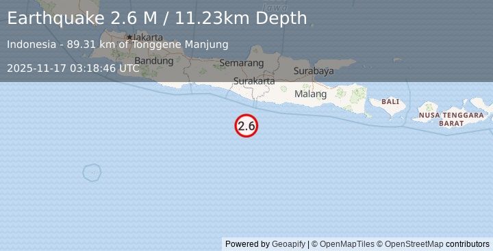 Earthquake South of Java, Indonesia (2.6 M) (2025-11-17 03:18:45 UTC)