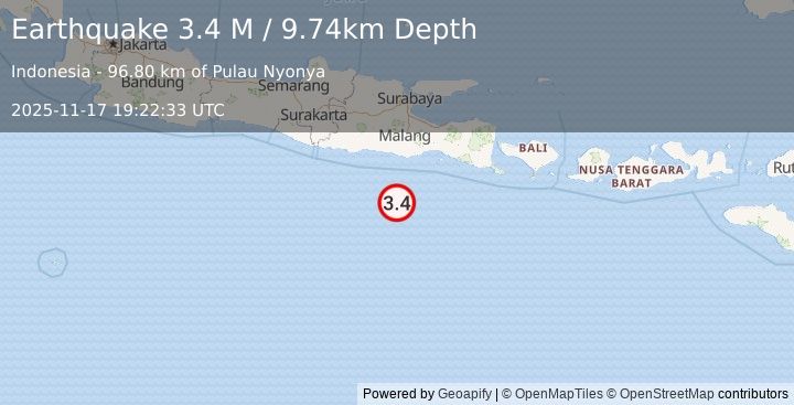 Earthquake South of Java, Indonesia (3.4 M) (2025-11-17 19:22:30 UTC)