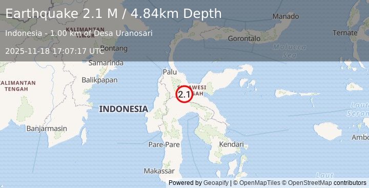 Earthquake Sulawesi, Indonesia (2.1 M) (2025-11-18 17:07:17 UTC)