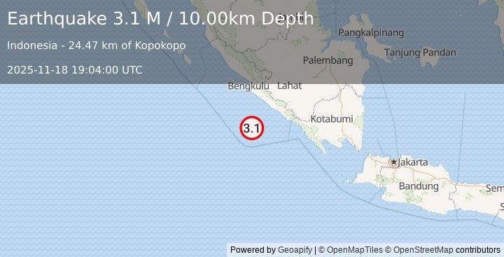 Earthquake Southwest of Sumatra, Indonesia (3.3 M) (2025-11-18 19:03:51 UTC)